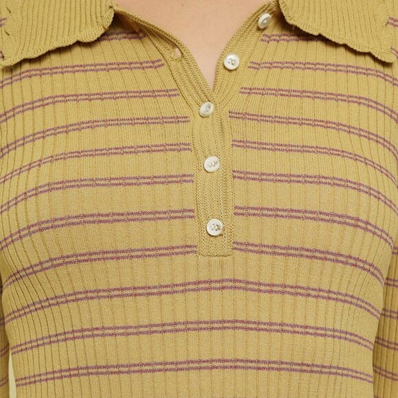 MYSTREE Striped Henley Ribbed Knit Top, Mustard Yellow Long Sleeve Polo Collar - Picture 4 of 4
